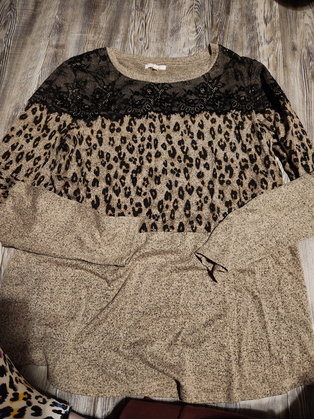 Maurices Taupe Leopard Print Sweater with Black Lace Yoke